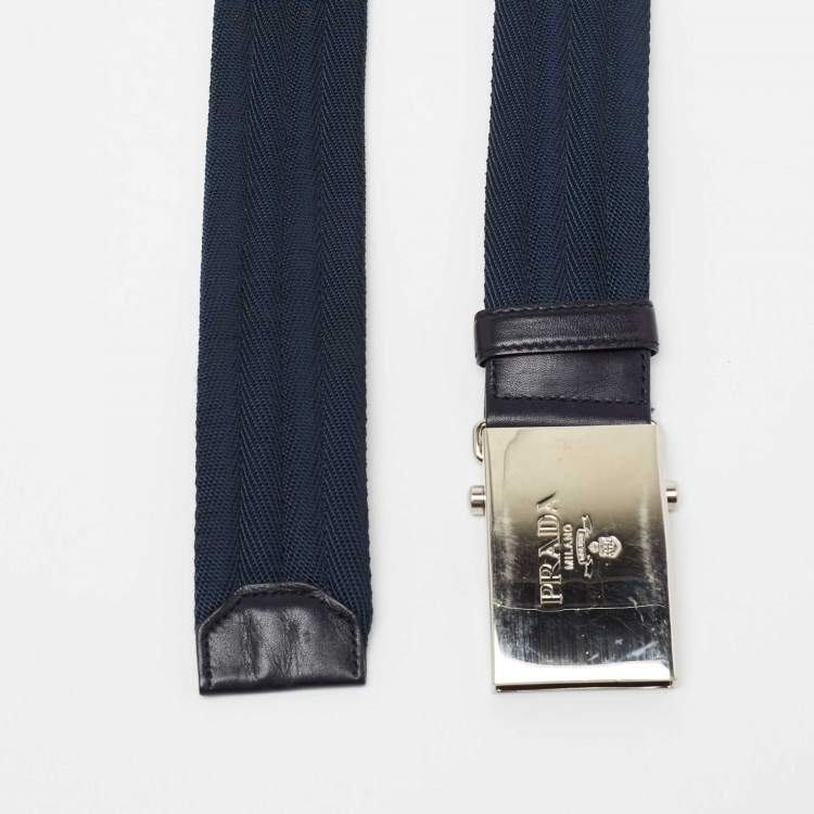 Pre Owned Prada Navy Blue Canvas and Leather Logo Plague Buckle Belt 95 CM