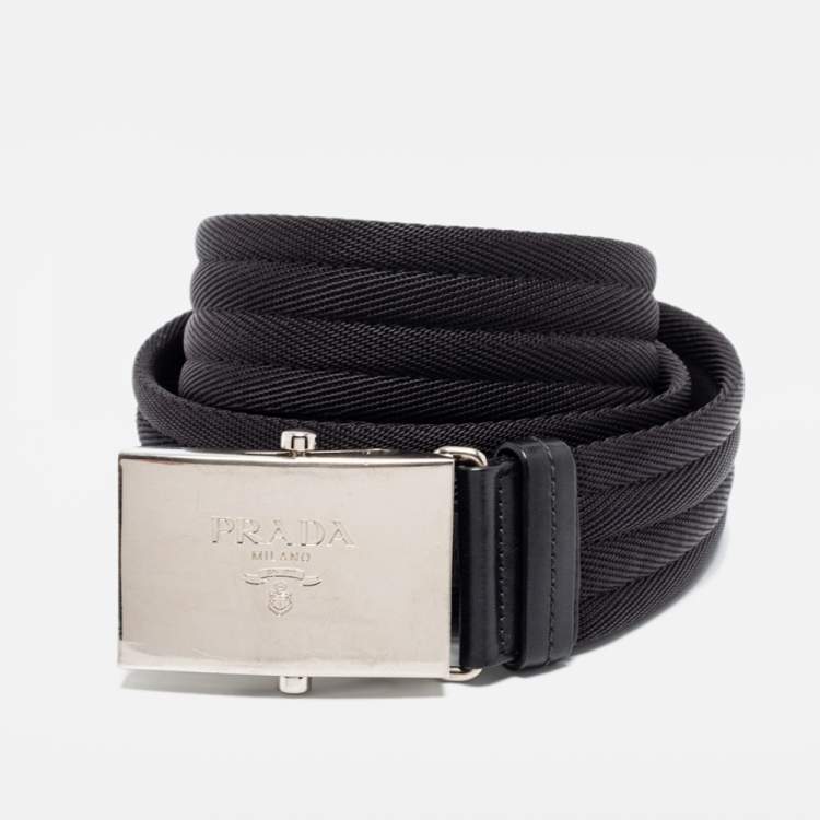 Pre Owned Prada Black Nylon and Leather Logo Plague Buckle Belt 95 CM