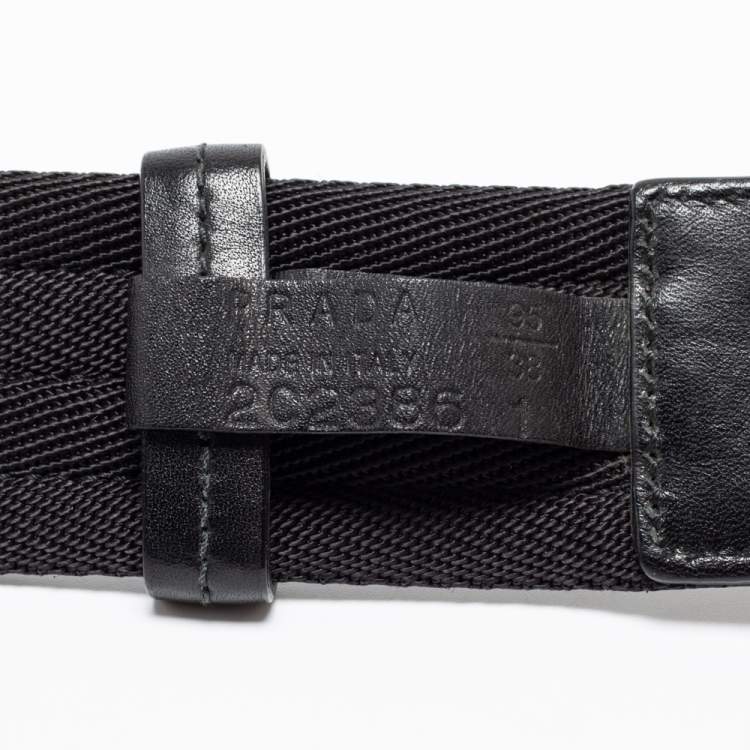 Pre Owned Prada Black Nylon and Leather Logo Plague Buckle Belt 95 CM