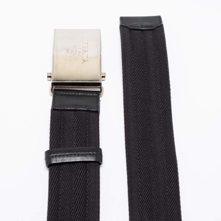 Pre Owned Prada Black Nylon and Leather Logo Plague Buckle Belt 95 CM