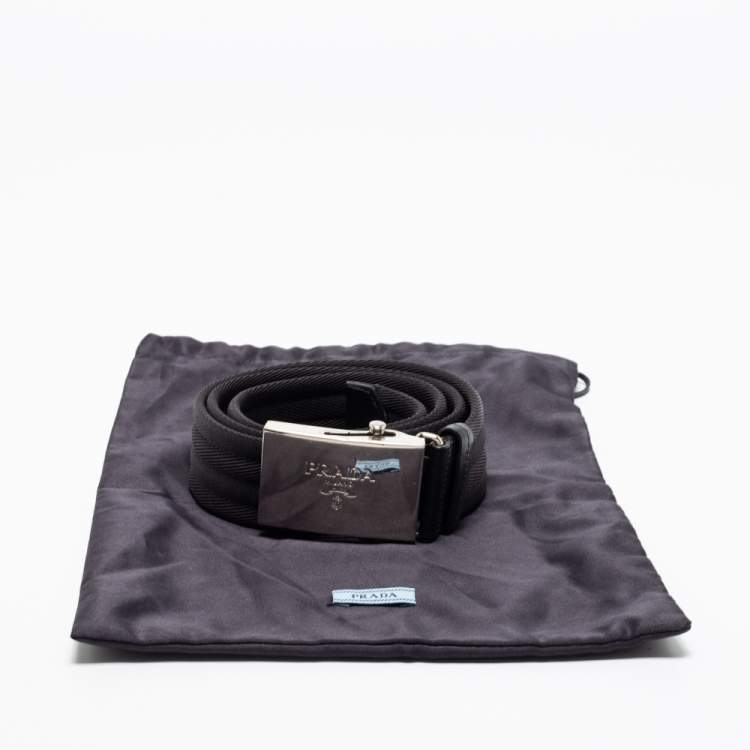 Pre Owned Prada Black Nylon and Leather Logo Plague Buckle Belt 95 CM