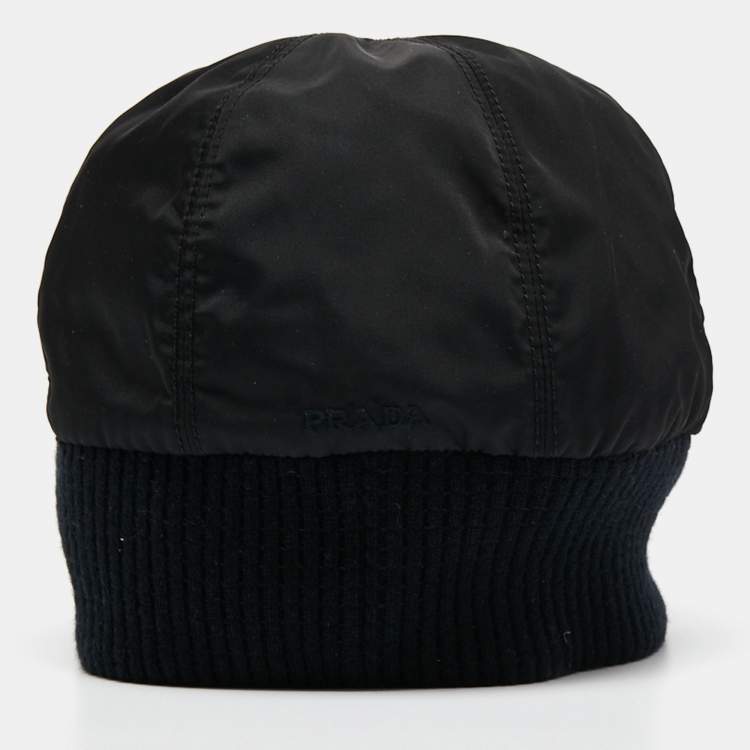 Pre Owned Prada Black Nylon Rib Knit Detail Beanie XL