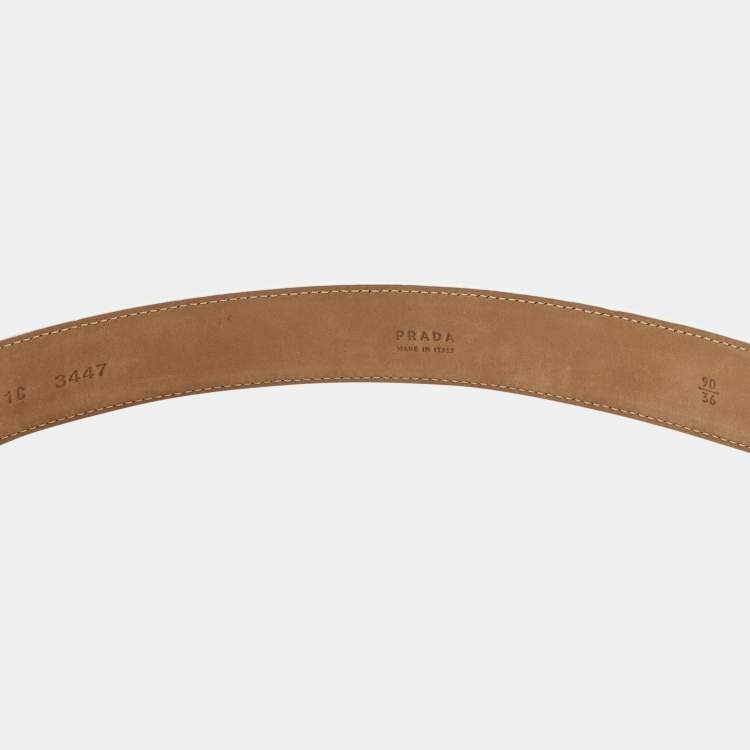 Pre Owned Prada White Leather Engraved Oval Plaque Buckle Belt 90CM