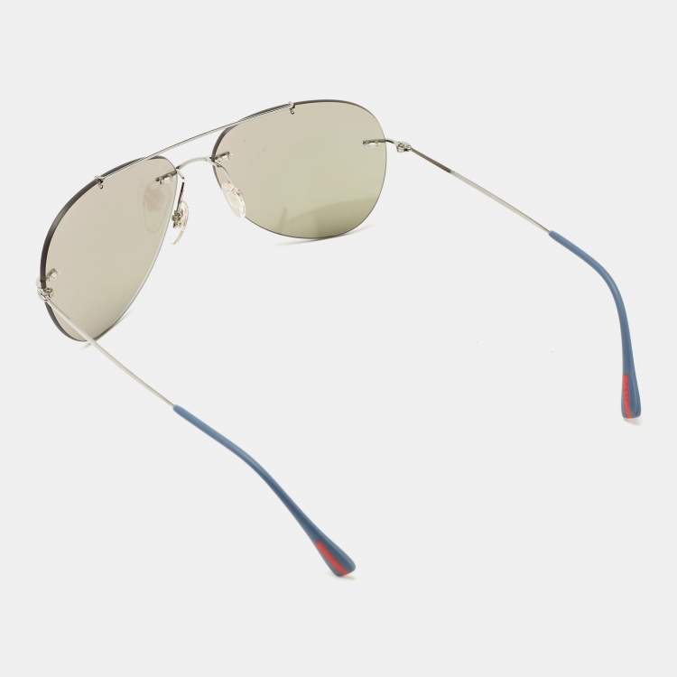Pre Owned Prada Silver Linea Rossa Mirrored Aviator Sunglasses