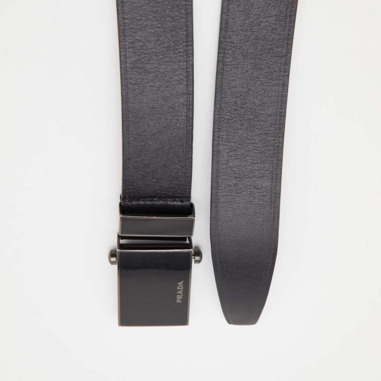 Pre Owned Prada Black Leather Logo Plague Buckle Belt 80CM