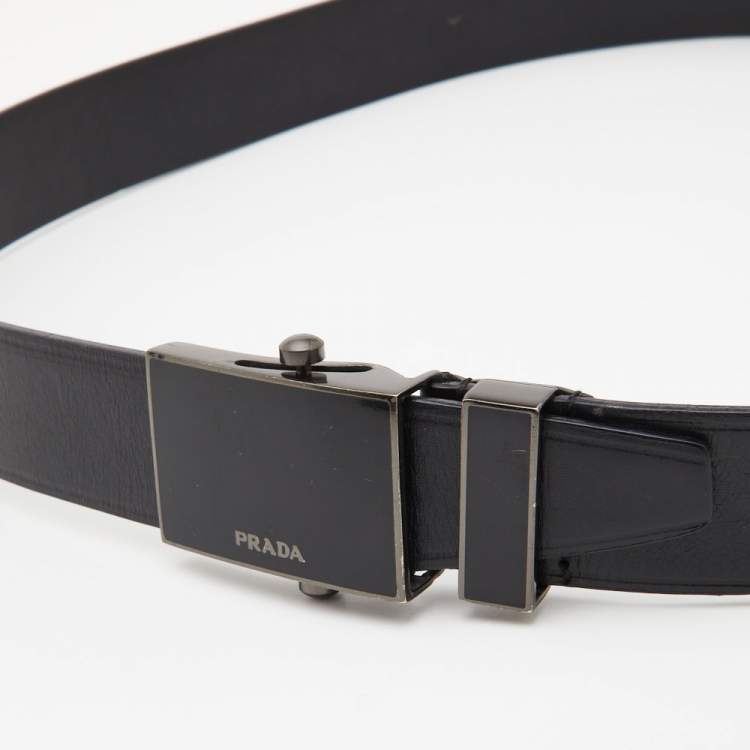 Pre Owned Prada Black Leather Logo Plague Buckle Belt 80CM