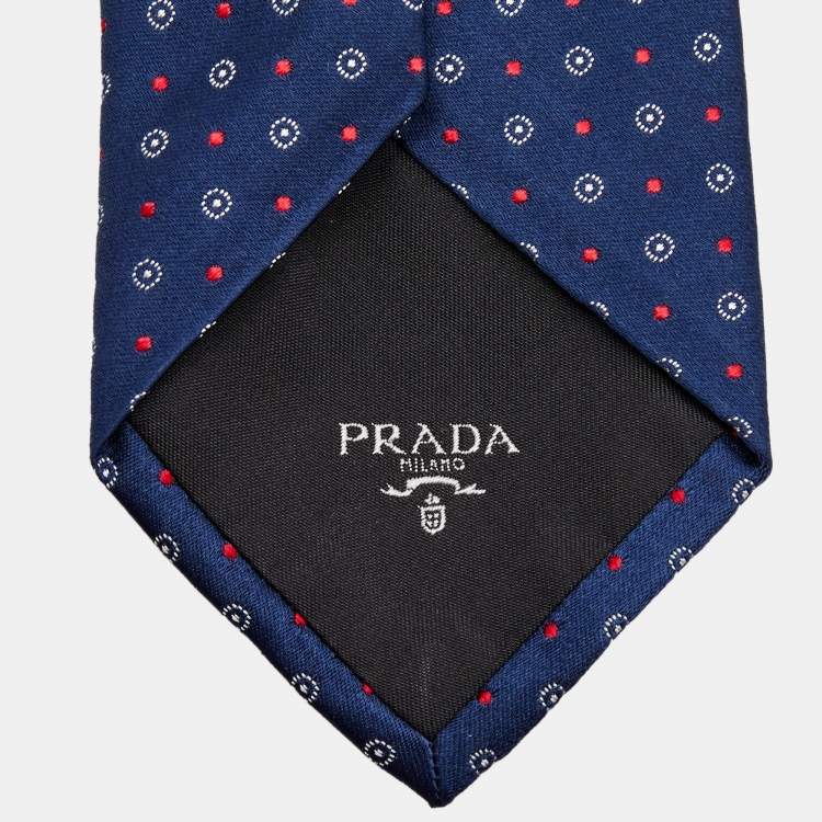 Pre Owned Prada Navy Blue Patterned Silk Narrow Tie