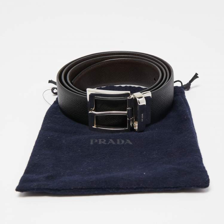 Pre Owned Prada Black/Brown Leather Reversible Buckle Belt 110CM