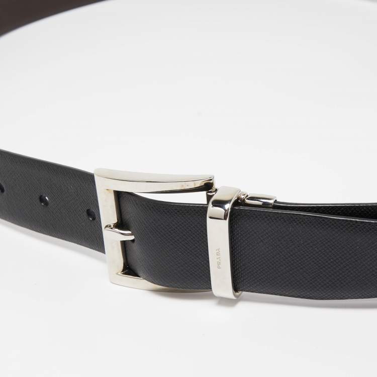 Pre Owned Prada Black/Brown Leather Reversible Buckle Belt 110CM