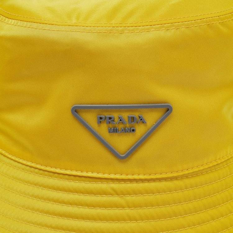 Pre Owned Prada Yellow Nylon Logo Plaque Detail Bucket Hat XL