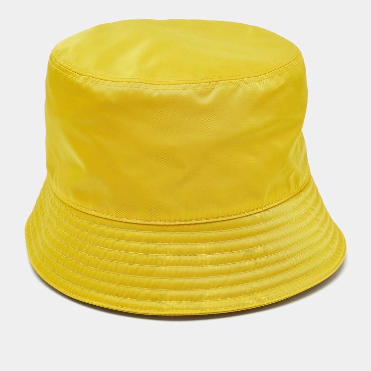 Pre Owned Prada Yellow Nylon Logo Plaque Detail Bucket Hat XL