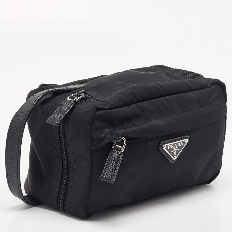 Pre Owned Prada Black Saffiano Leather and Nylon Logo Travel Pouch