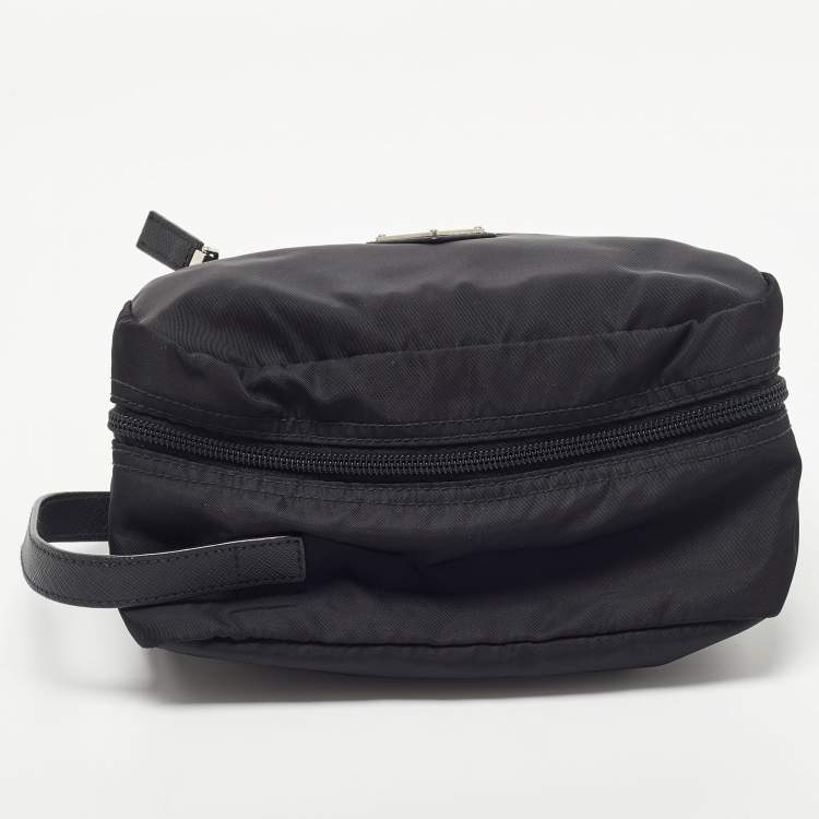 Pre Owned Prada Black Saffiano Leather and Nylon Logo Travel Pouch