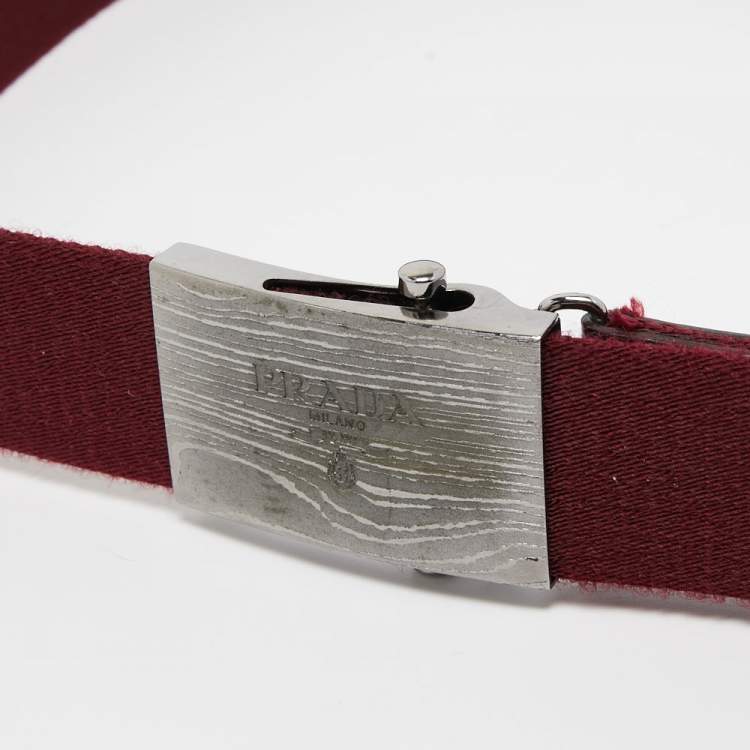Pre Owned Prada Burgundy Leather and Canvas Logo Plate Buckle Belt 90CM