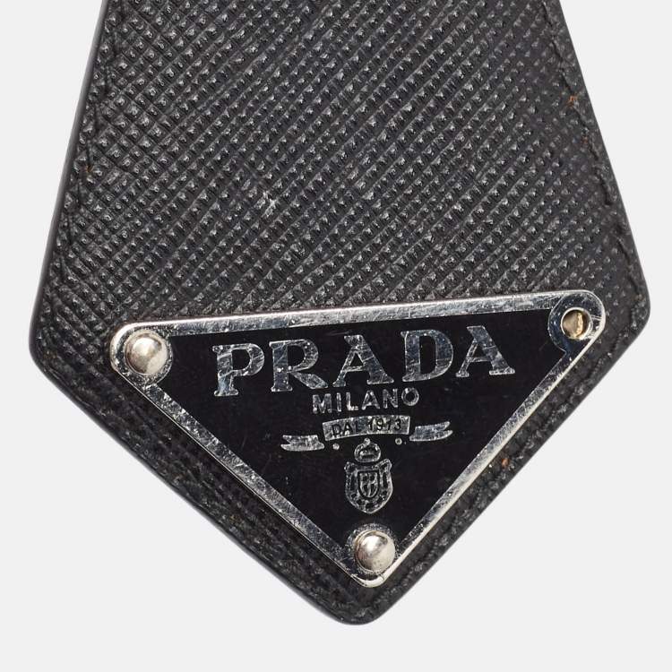 Pre Owned Prada Black Leather Triangle Logo Key Chain 