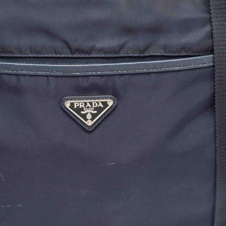 Pre Owned Prada Dark Blue Nylon and Leather Zip Messenger Bag