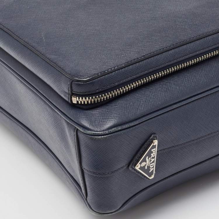 Pre Owned Prada Navy Blue Saffiano Leather Two Way Travel Briefcase