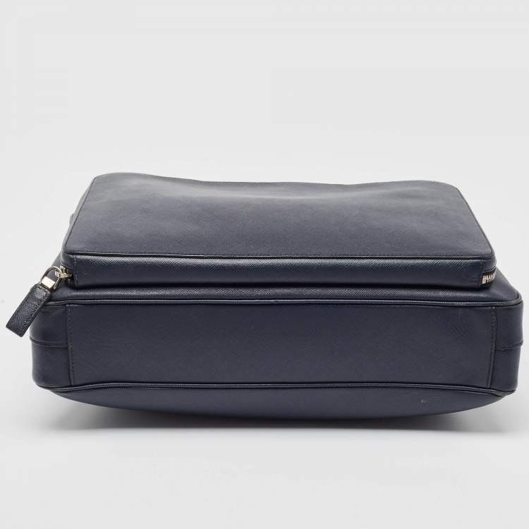 Pre Owned Prada Navy Blue Saffiano Leather Two Way Travel Briefcase