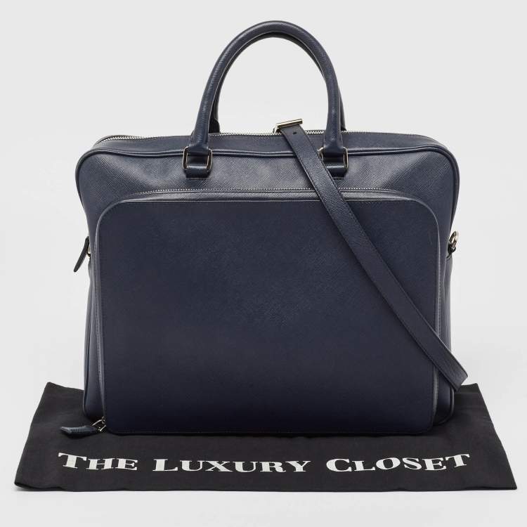 Pre Owned Prada Navy Blue Saffiano Leather Two Way Travel Briefcase