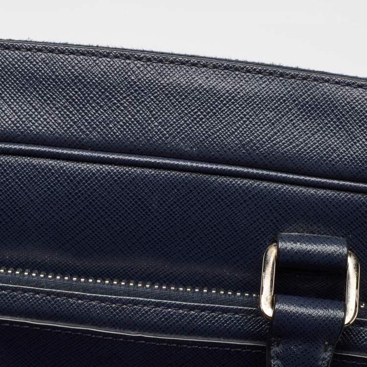 Pre Owned Prada Navy Blue Saffiano Leather Two Way Travel Briefcase
