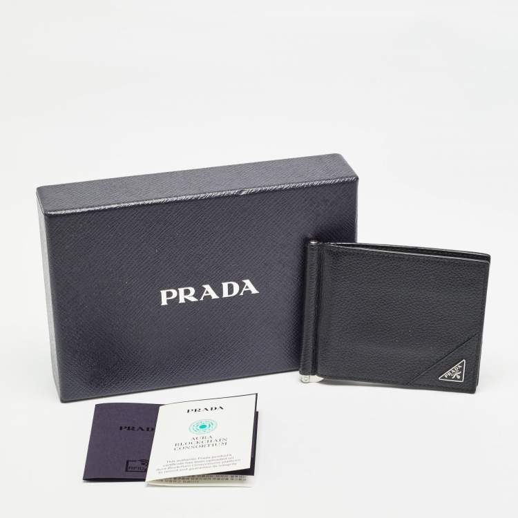 Pre Owned Prada Black Leather Money Clip Bifold Wallet
