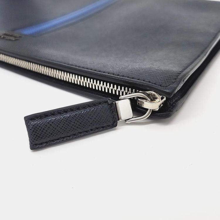 Pre Owned Prada Blue Leather Saffiano Treble Clutch 