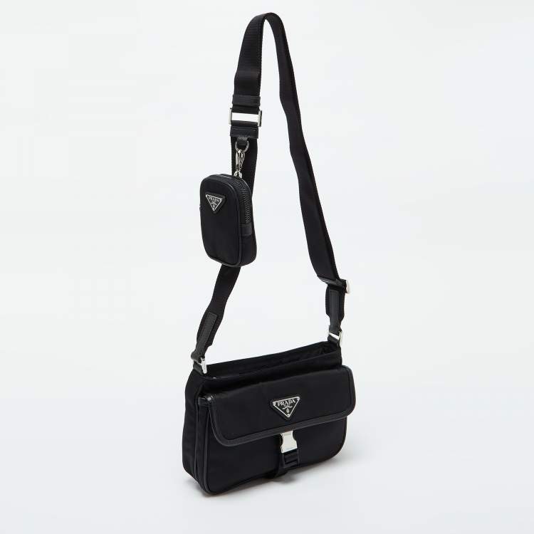 Pre Owned Prada Black Re-Nylon and Saffiano Leather Messenger Bag