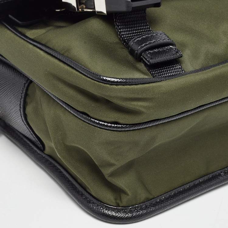 Pre Owned Prada Green/Black Nylon and Leather Buckle Flap Messenger Bag