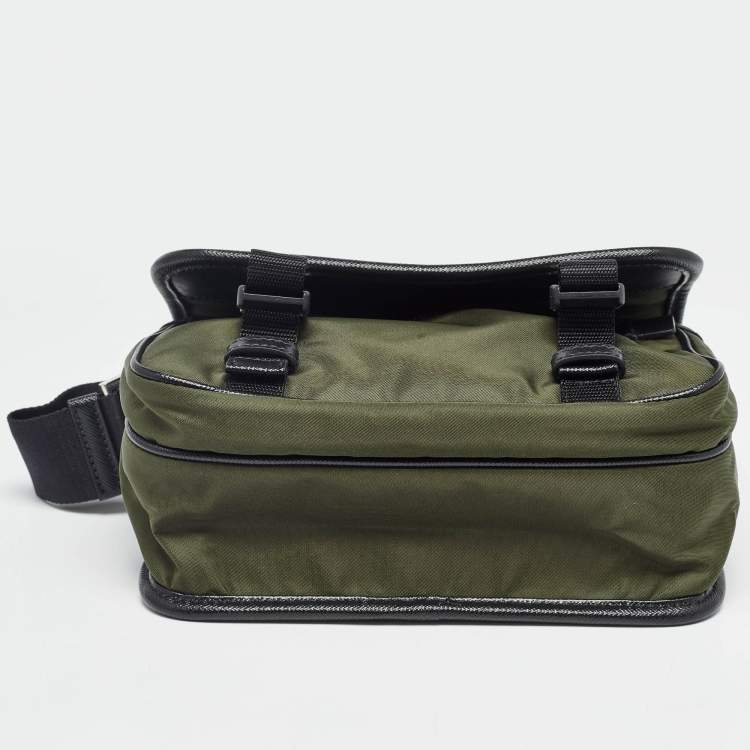 Pre Owned Prada Green/Black Nylon and Leather Buckle Flap Messenger Bag