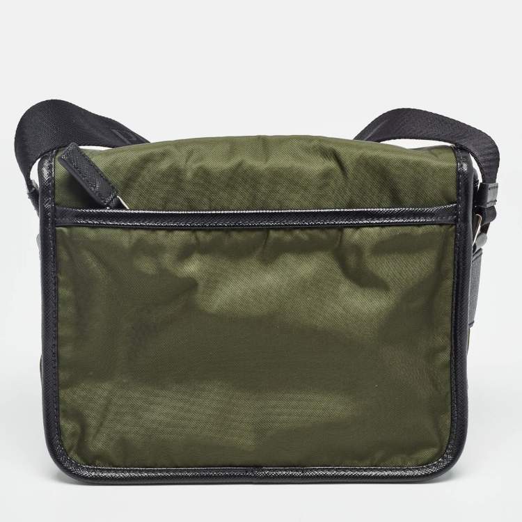 Pre Owned Prada Green/Black Nylon and Leather Buckle Flap Messenger Bag