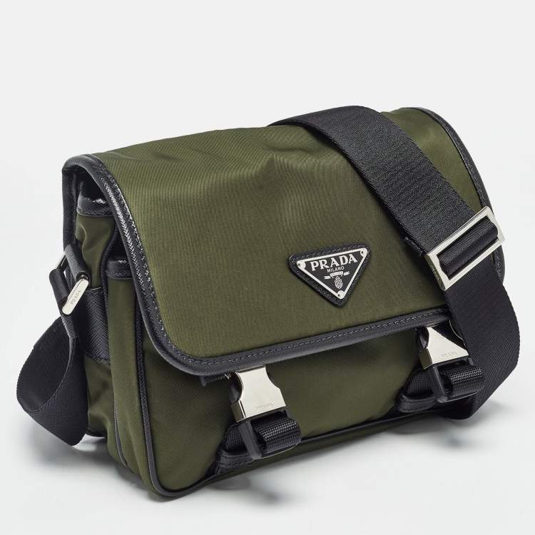 Pre Owned Prada Green/Black Nylon and Leather Buckle Flap Messenger Bag