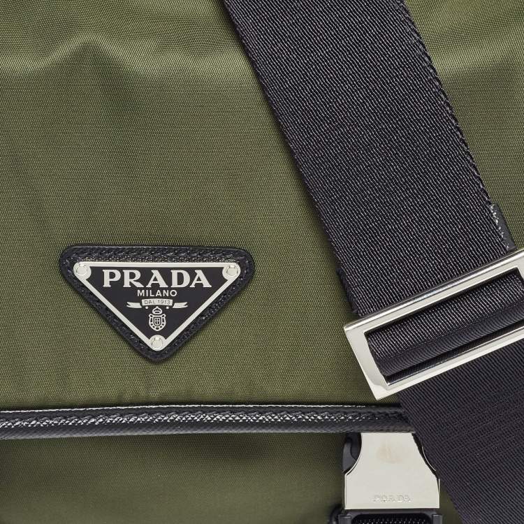 Pre Owned Prada Green/Black Nylon and Leather Buckle Flap Messenger Bag