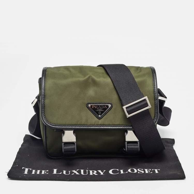 Pre Owned Prada Green/Black Nylon and Leather Buckle Flap Messenger Bag