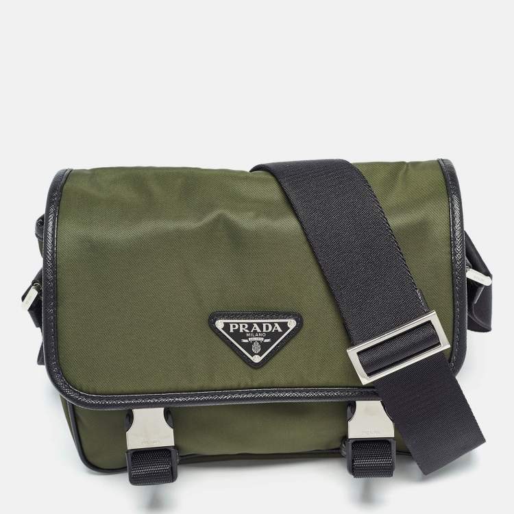 Pre Owned Prada Green/Black Nylon and Leather Buckle Flap Messenger Bag