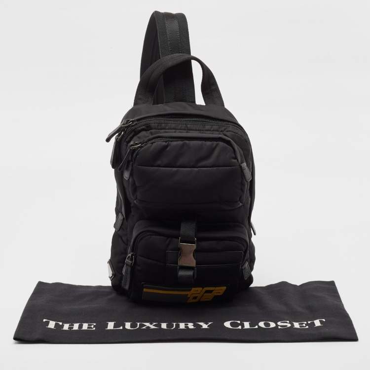 Pre Owned Prada Black Leather and Nylon Racing Logo Sling Backpack