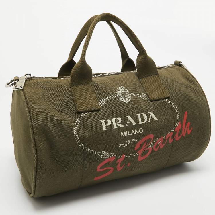 Pre Owned Prada Green Logo Jacquard Canvas Boston Bag