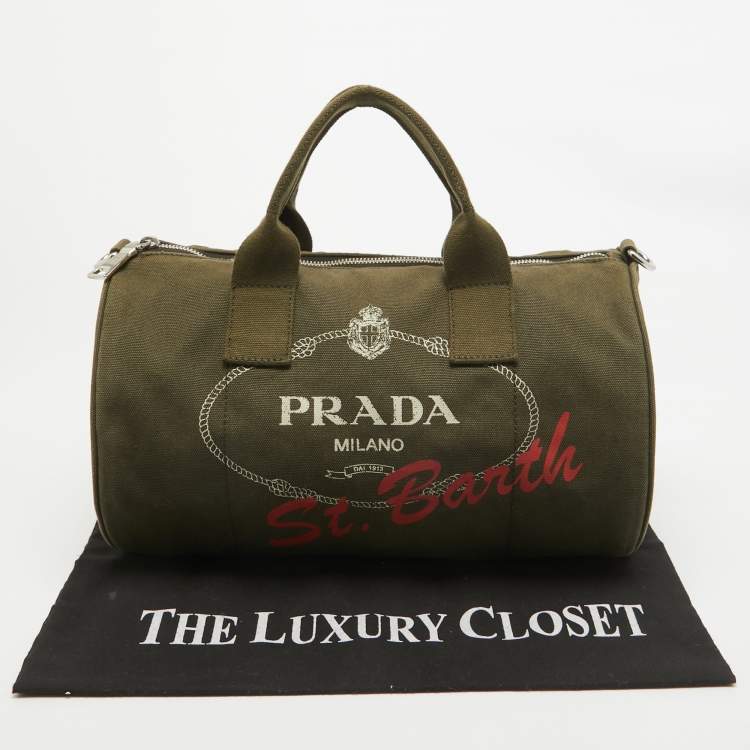 Pre Owned Prada Green Logo Jacquard Canvas Boston Bag