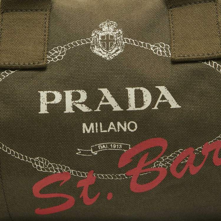 Pre Owned Prada Green Logo Jacquard Canvas Boston Bag