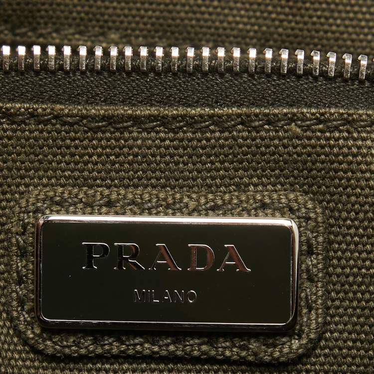 Pre Owned Prada Green Logo Jacquard Canvas Boston Bag