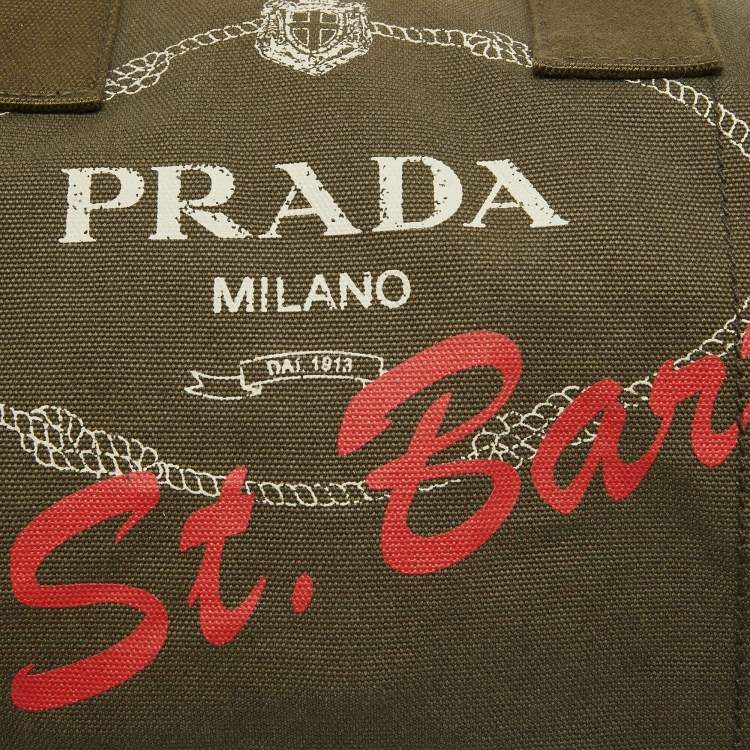 Pre Owned Prada Green Logo Jacquard Canvas Boston Bag