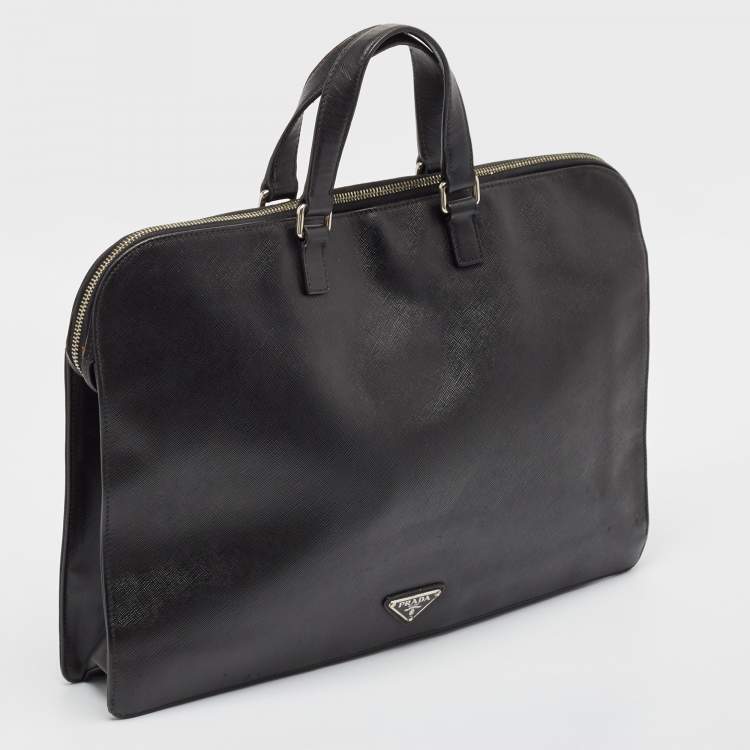 Pre Owned Prada Black Saffiano Leather Briefcase Laptop Bag
