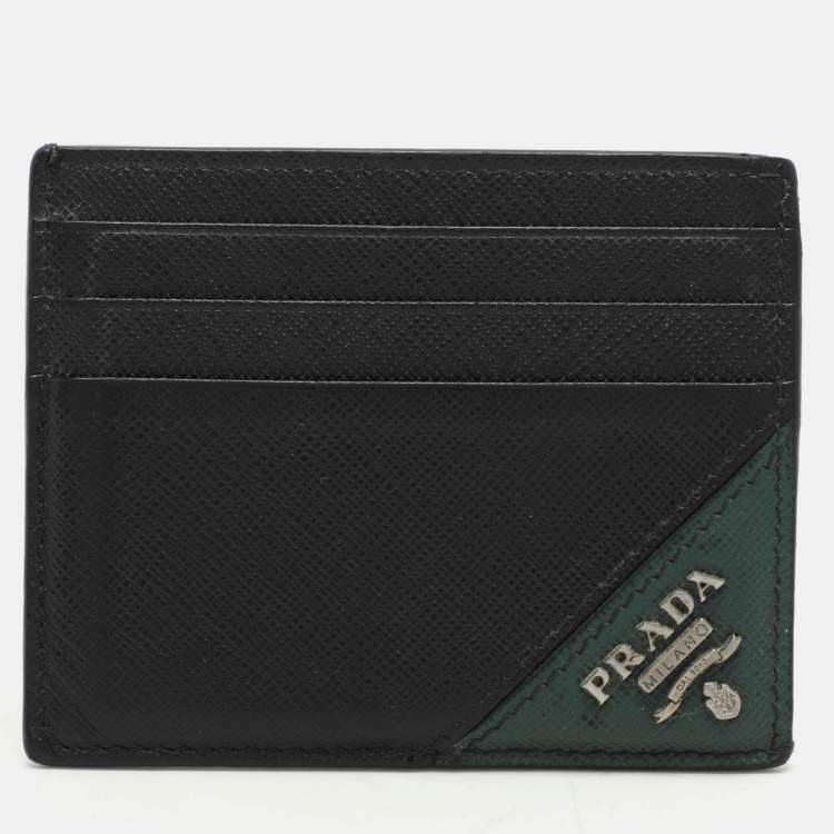 Pre Owned Prada Black/Green Leather Logo Card Holder