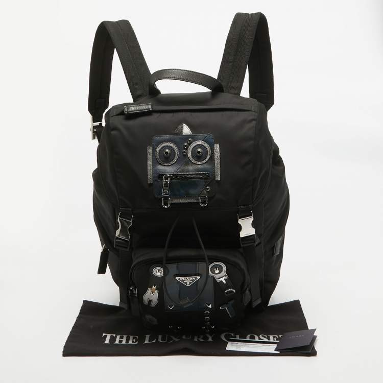 Pre Owned Prada Black Nylon Robot Drawstring Backpack