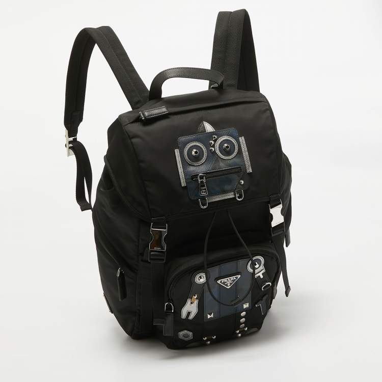 Pre Owned Prada Black Nylon Robot Drawstring Backpack