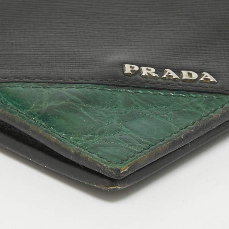 Pre Owned Prada Black/Green Leather and Croc Logo Bifold Wallet