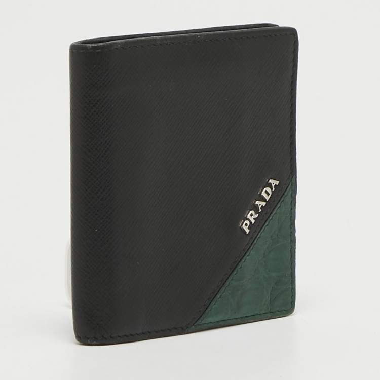 Pre Owned Prada Black/Green Leather and Croc Logo Bifold Wallet