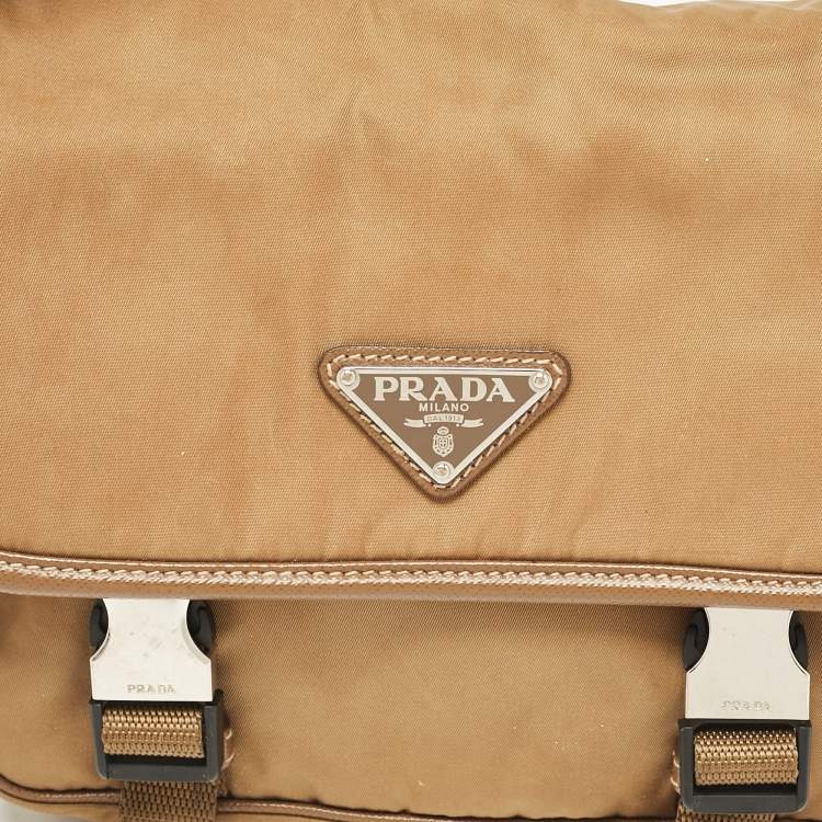Pre Owned Prada Olive Green Leather and Nylon Flap Messenger Bag