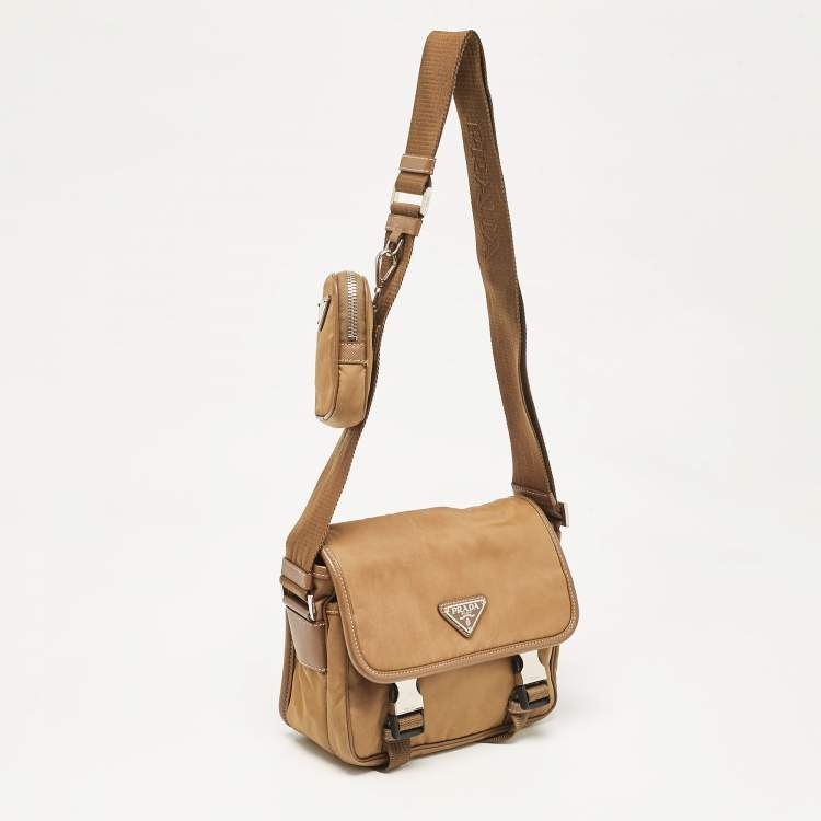 Pre Owned Prada Olive Green Leather and Nylon Flap Messenger Bag