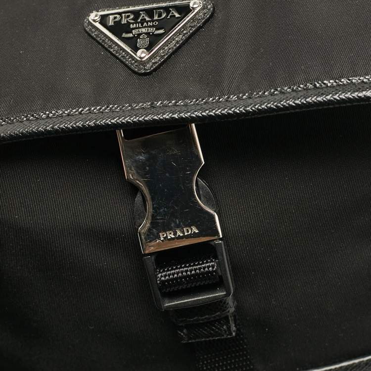 Pre Owned Prada Black Re-Nylon and Leather Flap Crossbody Bag