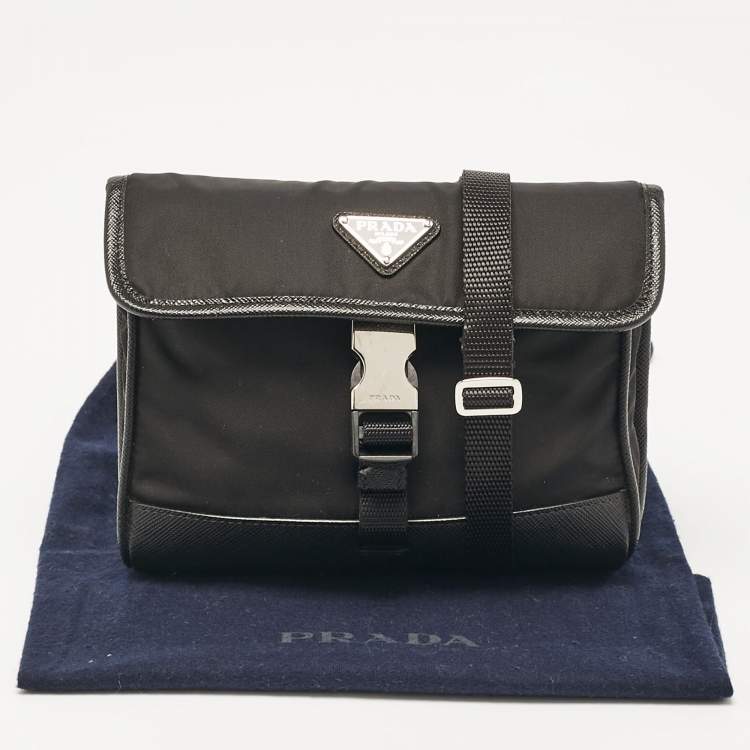 Pre Owned Prada Black Re-Nylon and Leather Flap Crossbody Bag